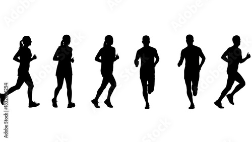Runners silhouettes collection vector illustration set depicting men and women engaged in running activity sport fitness health movement practice endurance training jogging sprint marathon 