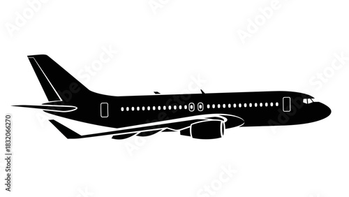 Detailed side profile silhouette of commercial airplane with windows and engine details representing modern air transportation passenger travel and aviation technology