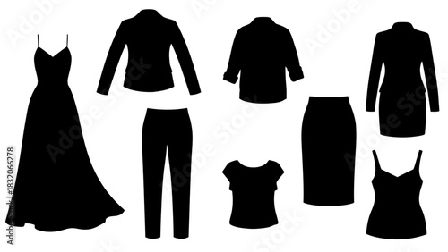 Separates and formal apparel black silhouettes vector collection women clothing design elements including long gown blazer trousers skirts tops professional work wear garment templates studio 
