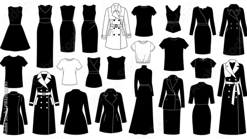 Comprehensive women fashion apparel silhouettes vector illustration set featuring diverse garment types including coats dresses jackets skirts blouses tops and professional clothing outlines