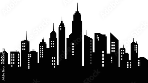 Black silhouette of modern cityscape with illuminated windows against white background urban skyline vector illustration abstract architectural panorama business district view