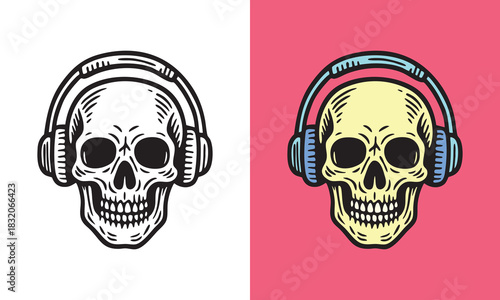 Retro Skull with Headphones Illustration