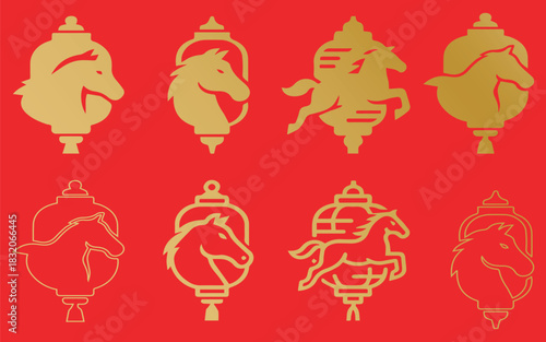 Chinese New Year of the Horse lantern designs on red background.