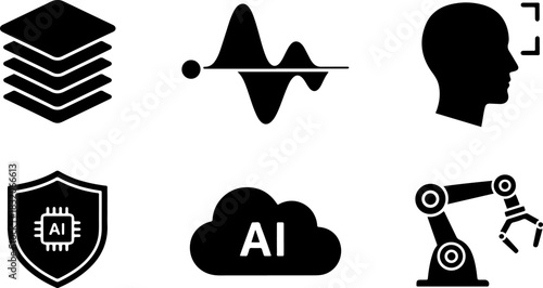 Black Glyph Icon Set for Artificial Intelligence (AI) and Machine Learning, Featuring Data Layers, Waveform, Facial Recognition, Security Shield, Cloud AI, and Robotic Arm