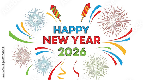Celebratory Happy New Year 2026 greeting card with fireworks design.