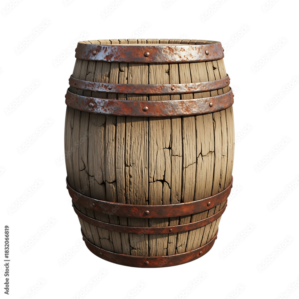 Fototapeta premium Old wooden barrel with rusted metal bands isolated on transparent background