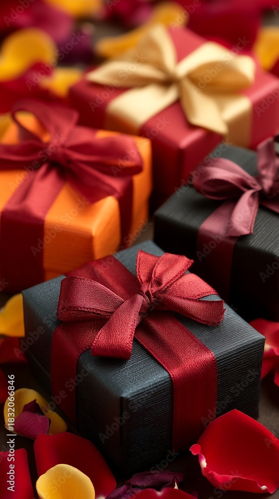 Obraz premium Christmas gift boxes with red ribbon and bow, perfect holiday celebration surprise present package decoration