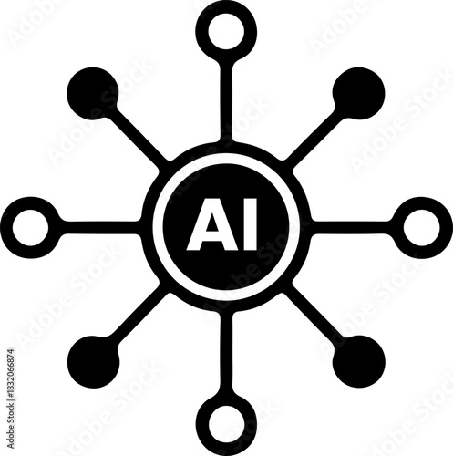 Black Glyph Icon of an Artificial Intelligence (AI) Network Node or Central Hub Connecting to Multiple Data Points, Representing Machine Learning and Technology