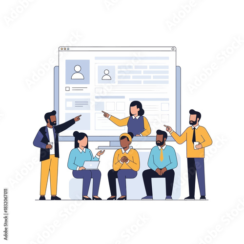 Diverse team collaborate on digital platform presentation for optimized workflow strategy