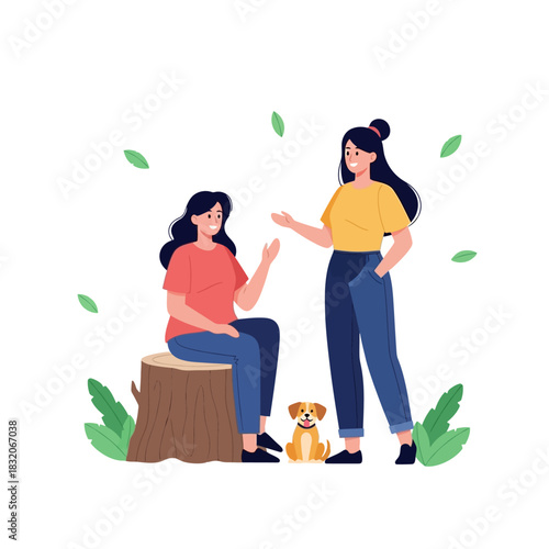 Two young women enjoying conversation outdoors with a small dog in a simplistic illustration