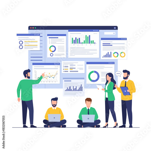 Collaborative analysis: Diverse team interprets data visualizations on a digital platform for