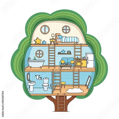 Imaginative whimsical treehouse interior design illustration with playful architectural elements