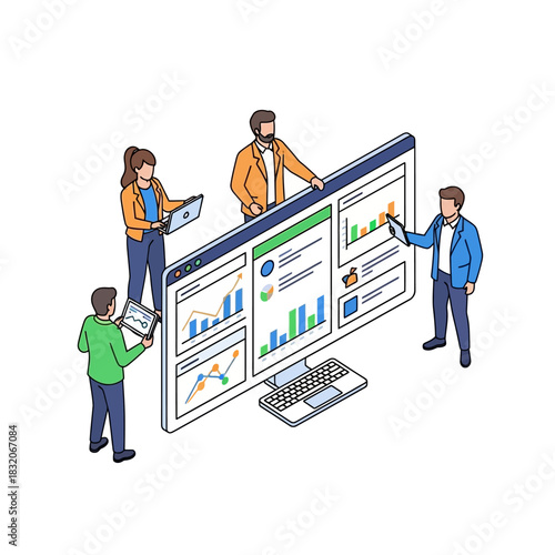 Isometric illustration displaying collaborative data analysis with diverse team review dashboards