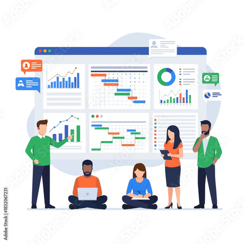 Collaborative strategic planning session analyzing data visualizations and project timelines