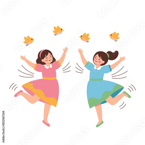 Joyful childhood illustration depicting two young girls playing with animated birds outdoors happily