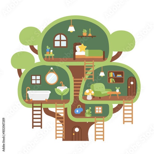 Charming treehouse abode illustration with detailed interior design and whimsical character