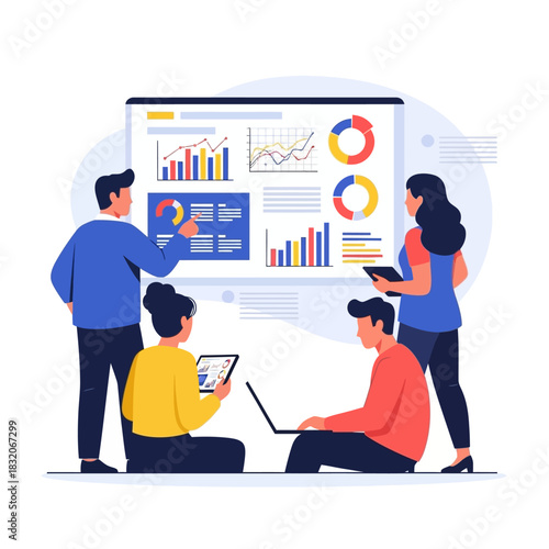 Team collaborating on data analysis displayed on a screen, strategizing for business growth and