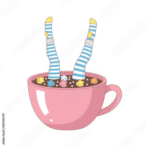 Whimsical immersion: Striped socks dipping into a warm pink cup of sweet indulgence