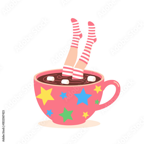 Whimsical cocoa escape: Illustrated relaxation concept with playful festive star mug and striped