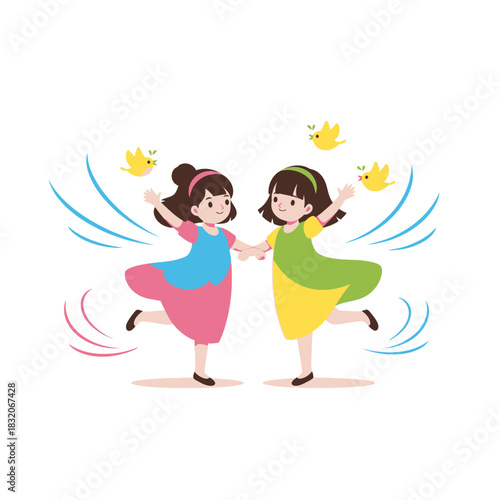 Illustrative depiction of two young girls happily dancing with whimsical birds overhead a playful