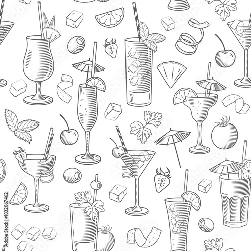 Seamless monochrome pattern with alcohol cocktails