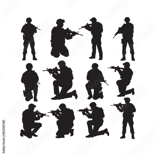 police special forces officer silhouettes set, police silhouette, military vector, tactical unit, armed forces, security