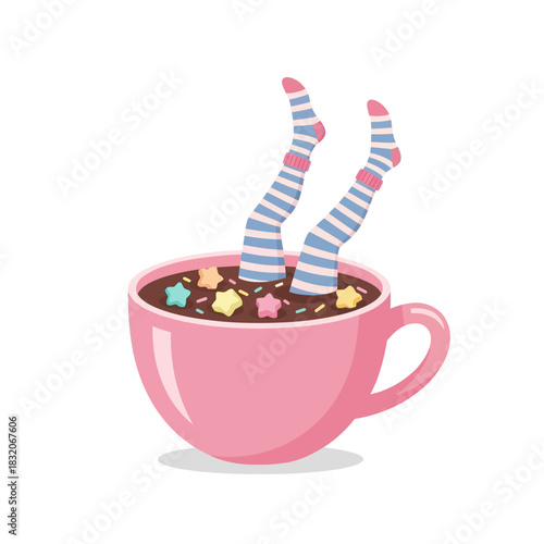 Whimsical Illustration of Legs Submerged in a Pink Cup of Hot Chocolate and Marshmallows
