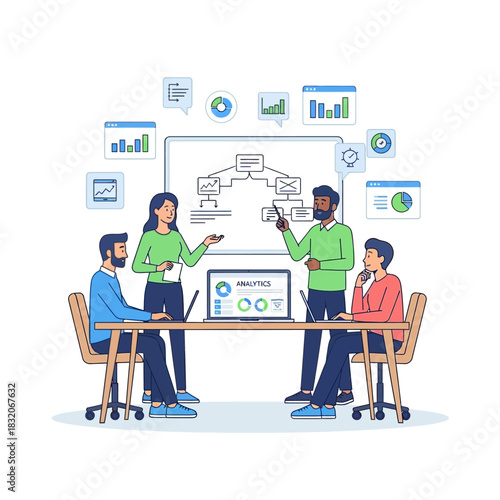 Business team collaboration and visual data analysis during a strategy planning session