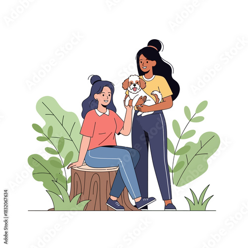 A heartwarming scene portraying two women bonding with an adorable small dog in a serene outdoor