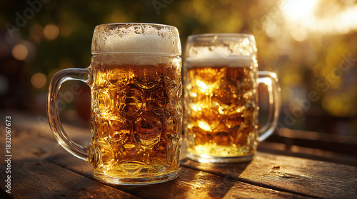 Two overflowing glasses of chilled beer, the perfect refreshment for a sunny day.