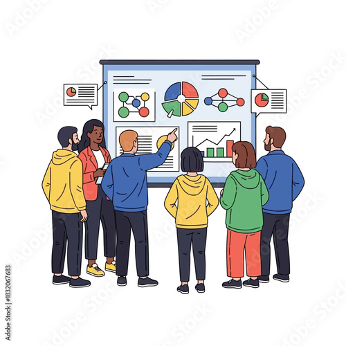 Diverse business team analyzing data trends presented on an interactive whiteboard effectively