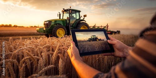 Farmer holding tablet in wheat field with tractor agriculture