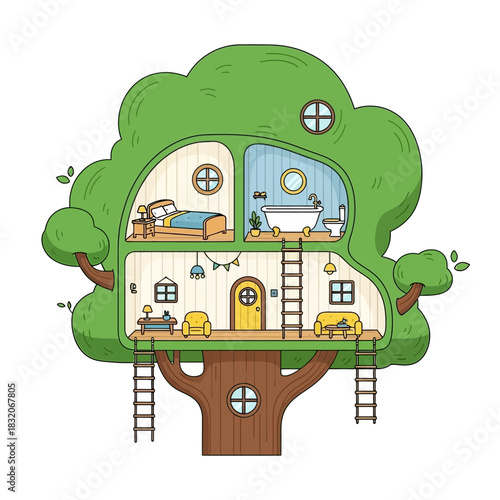 Imaginative treehouse abode illustration showcasing architectural cutaway and whimsical detailing