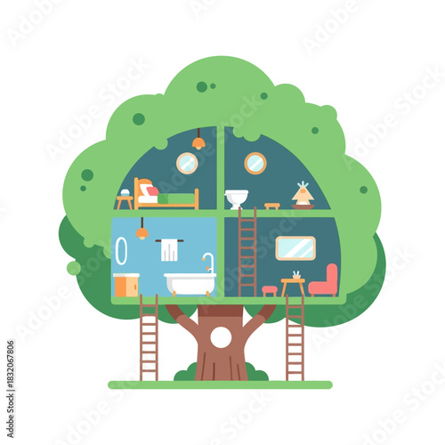 Whimsical elevated treehouse escape nestled within lush foliage creative illustration