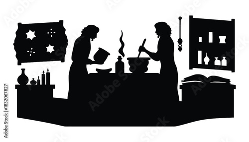 Silhouette of two people preparing potions in a room with shelves