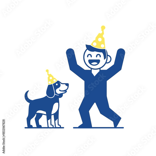 Joyful Celebration: Cartoon Man and Dog Celebrating Together with Party Hats with happiness