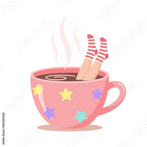 Whimsical Illustration of Relaxation: Soaking Feet in Warm Beverage Cup Embellished Stars
