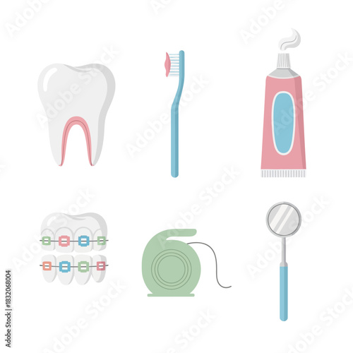 Dental care hygiene elements collection promoting oral health and orthodontic treatment procedures