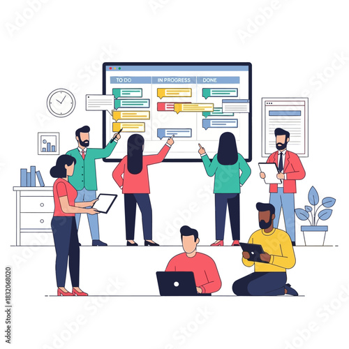 Collaborative team planning and executing tasks in a modern office environment creating an