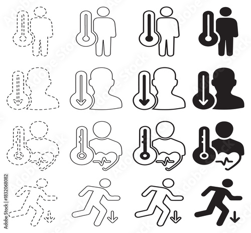 Medical icons showing sickness, fever, and running away.