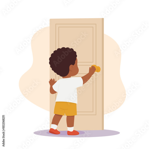 Little boy child cartoon character closing opened door standing backside isolated on white background. Male preschool kid experiencing entrance or exit movement daily action 