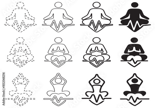 Yoga poses with heartbeat line, from dotted outline to solid black fill.