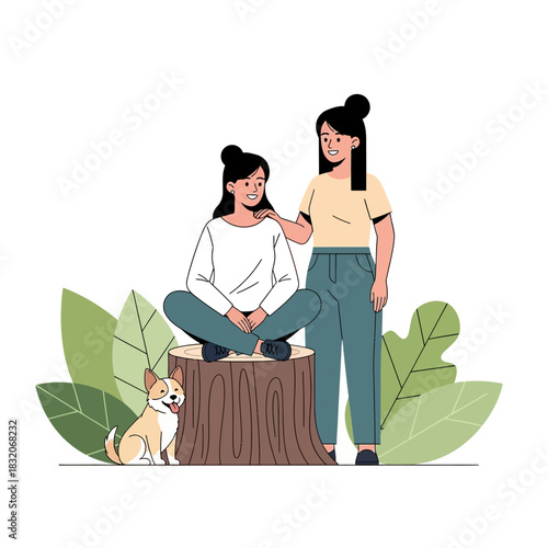 Illustrative portrayal of two women enjoying companionship in nature's peaceful embrace and pet