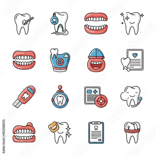 Diverse dental care icons depicting hygiene treatments and various oral health conditions in