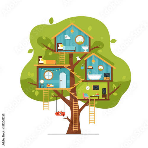 Whimsical treehouse haven: Elevated dwellings nestled among lush foliage portraying childish