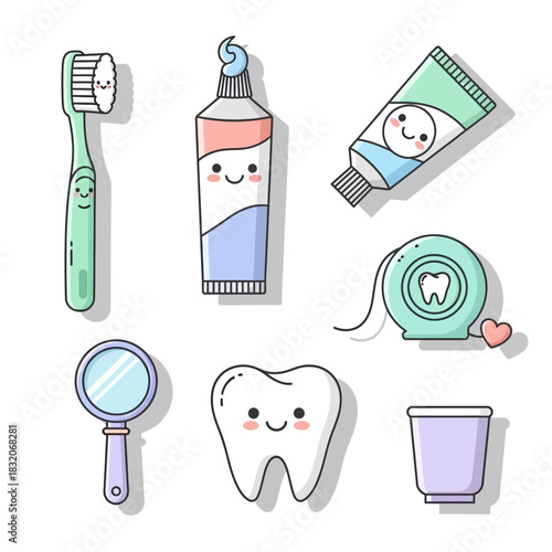 Adorable dental care tools arranged for children's hygiene education illustration
