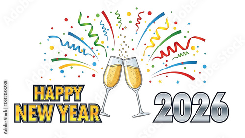 Celebrating New Year 2026 with champagne flutes and colorful confetti.