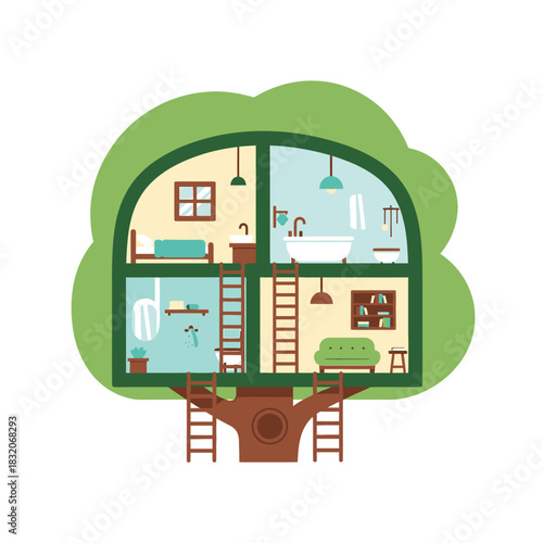 Charming treehouse interior design concept showcases cozy and functional living spaces