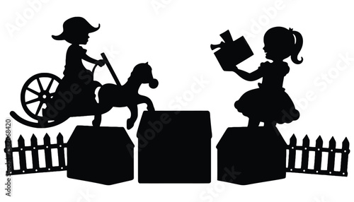 Silhouette of children playing with toys and houses in black and white