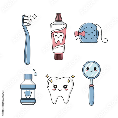 Illustrative dental care collection featuring kawaii-style hygiene items for promotion